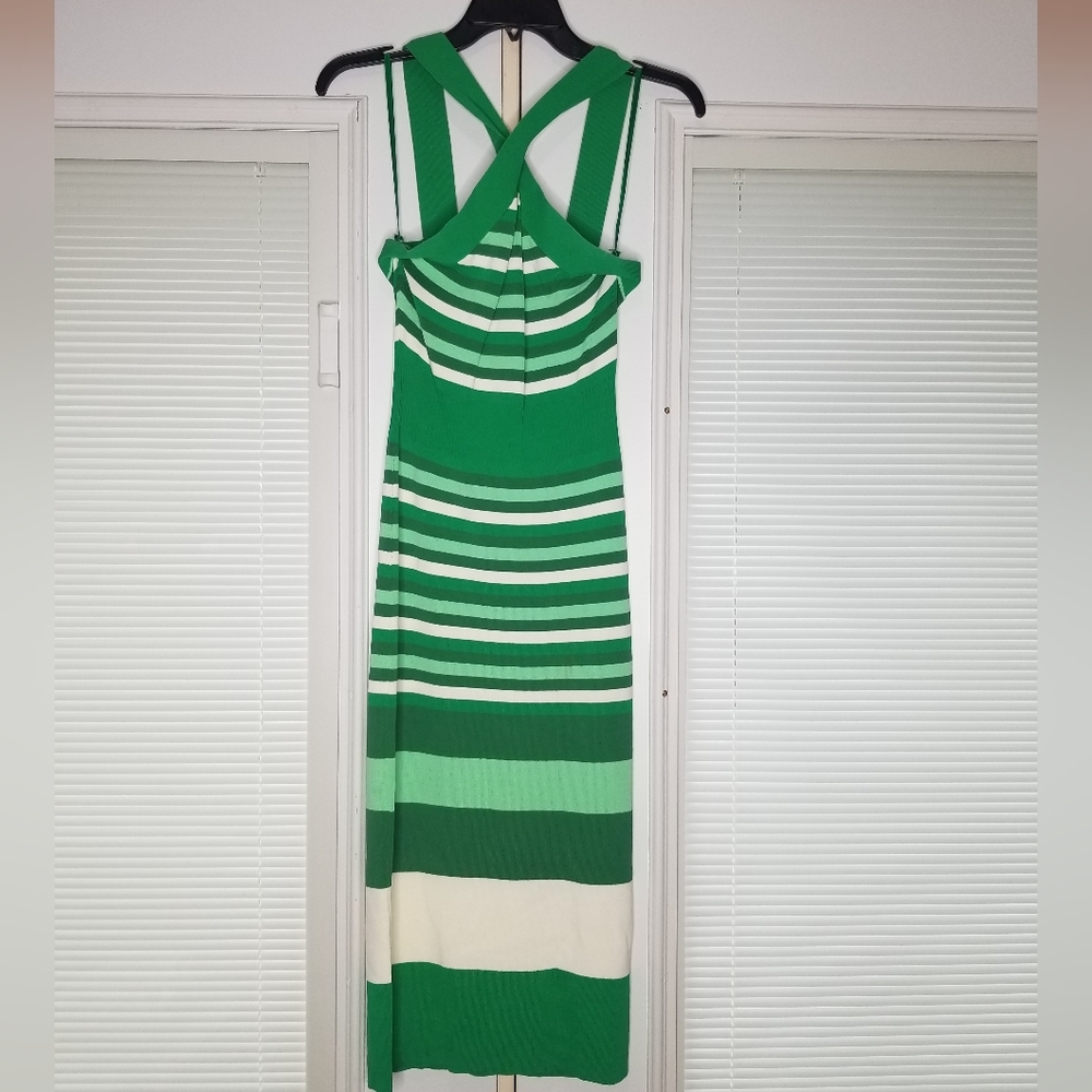 Eva Mendes Green Striped Crossover Dress